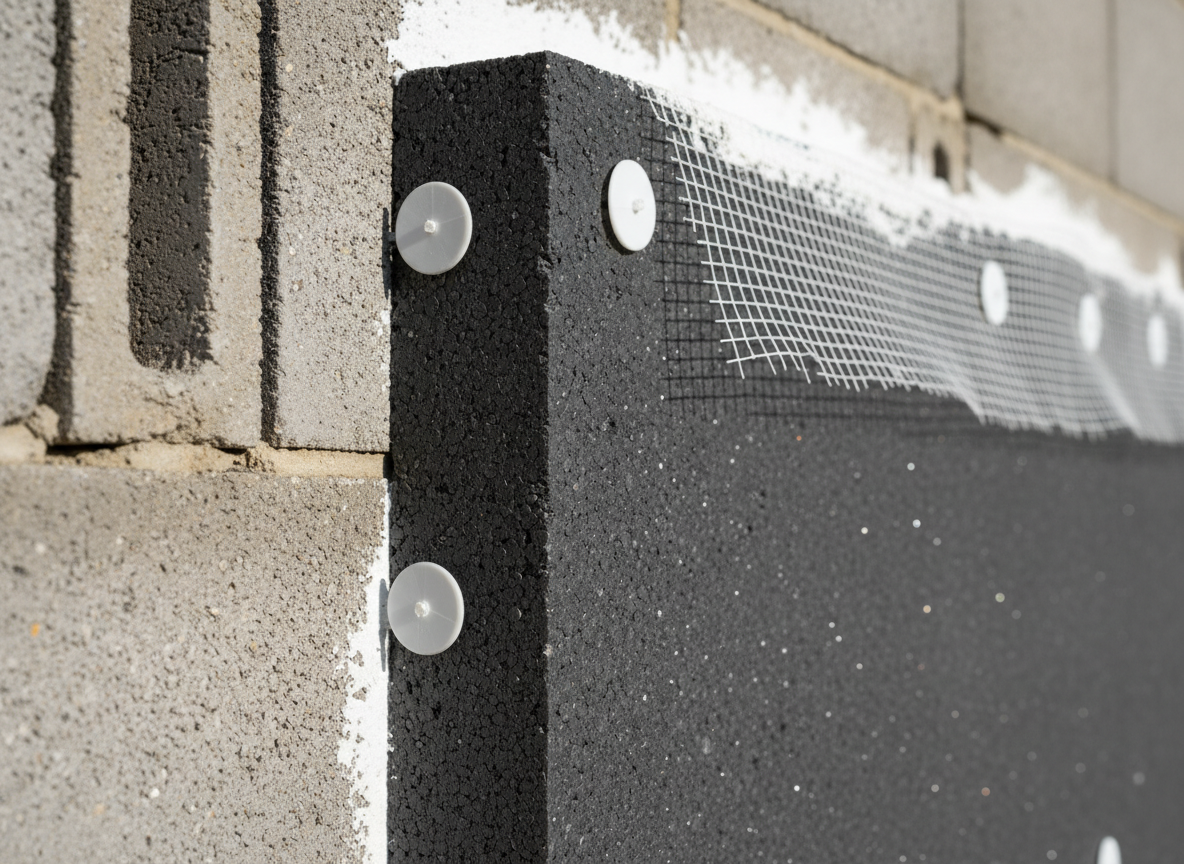 Panneau PSE graphite chevillé sur mur parpaing avec trame fibre de verre