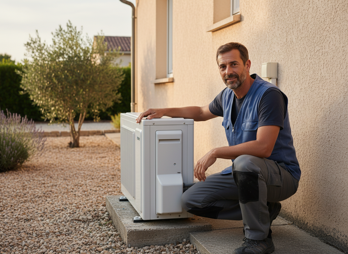 Bruno accroupi devant son unité extérieure PAC Atlantic sur plot béton