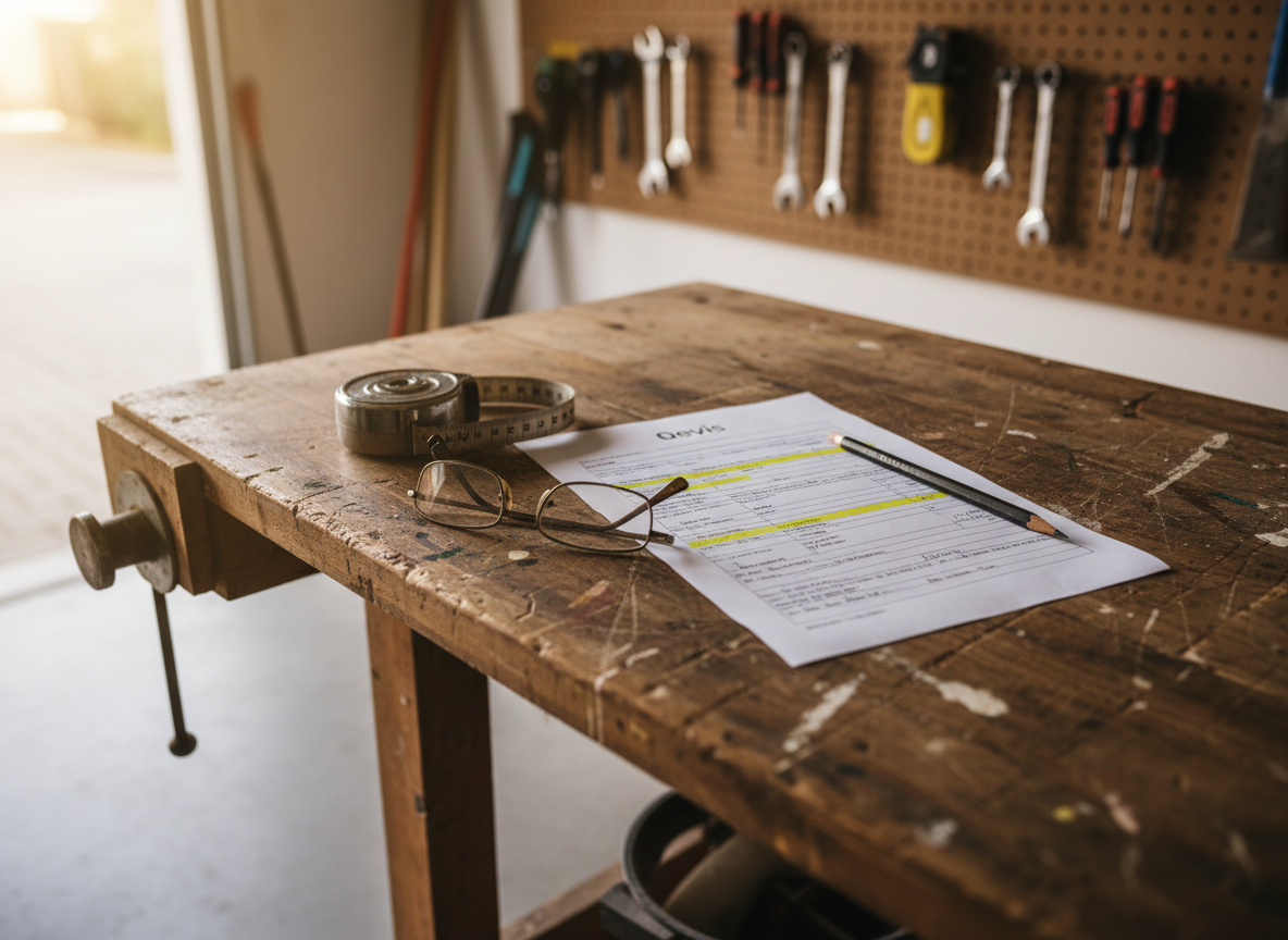 Devis ITE posé sur un établi d'atelier avec mètre ruban et lunettes