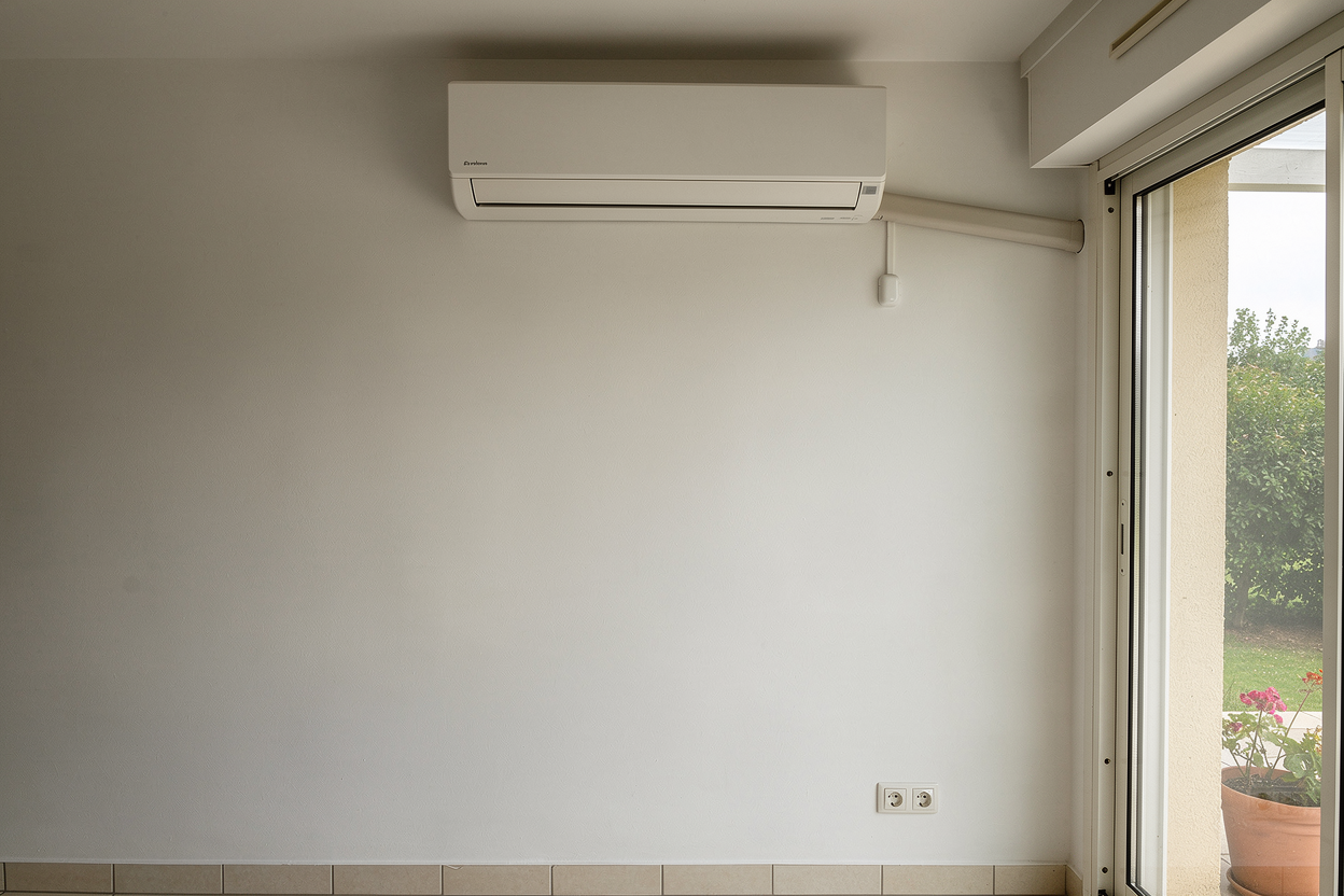 Unité intérieure de clim réversible fixée en hauteur dans un séjour, près de la baie vitrée